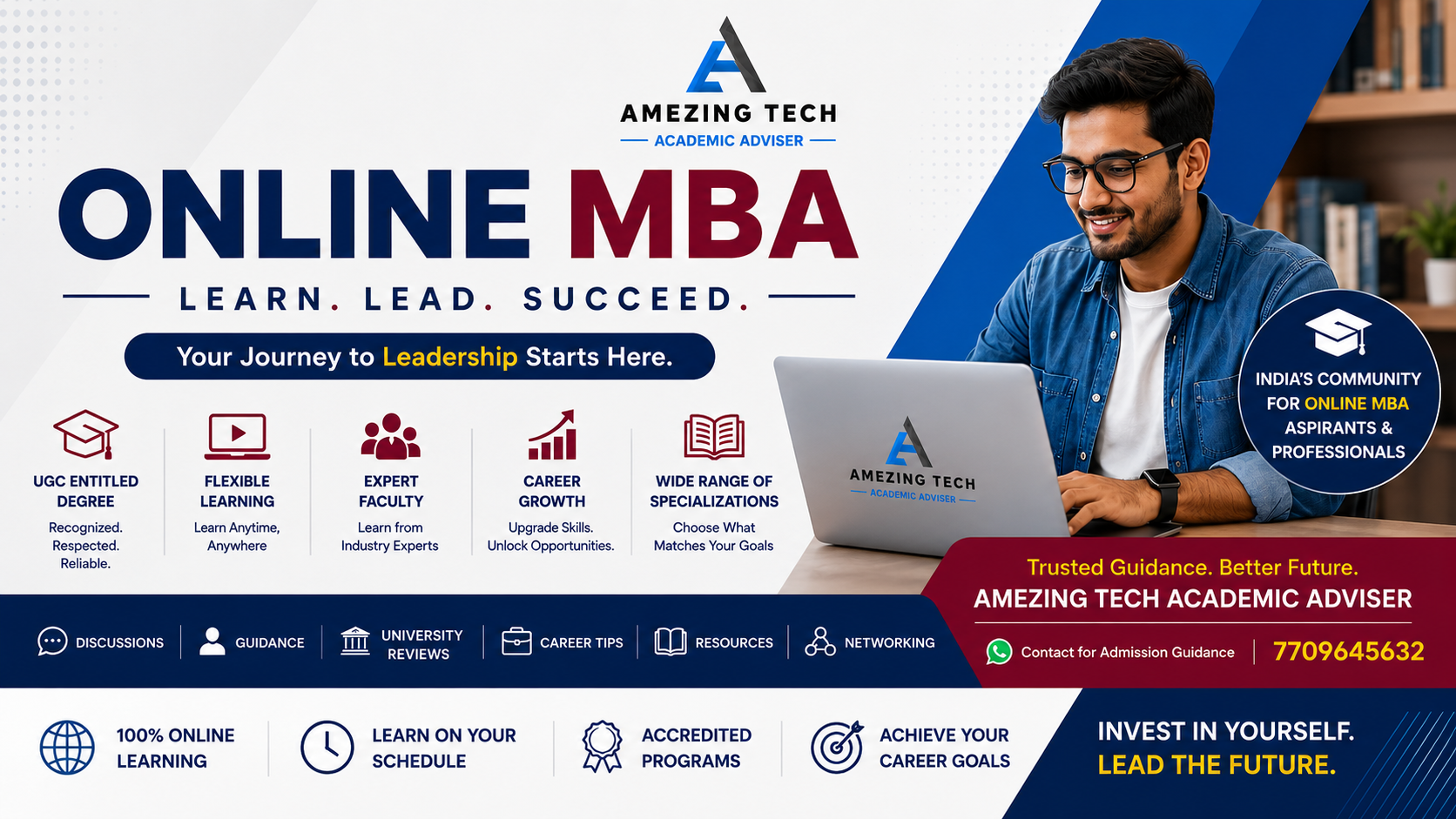 Online MBA program featured image showing a student learning on a laptop, highlighting flexible online education, UGC-entitled degrees, expert faculty, career growth opportunities, accredited programs, and leadership development through Amezing Tech Academic Adviser.